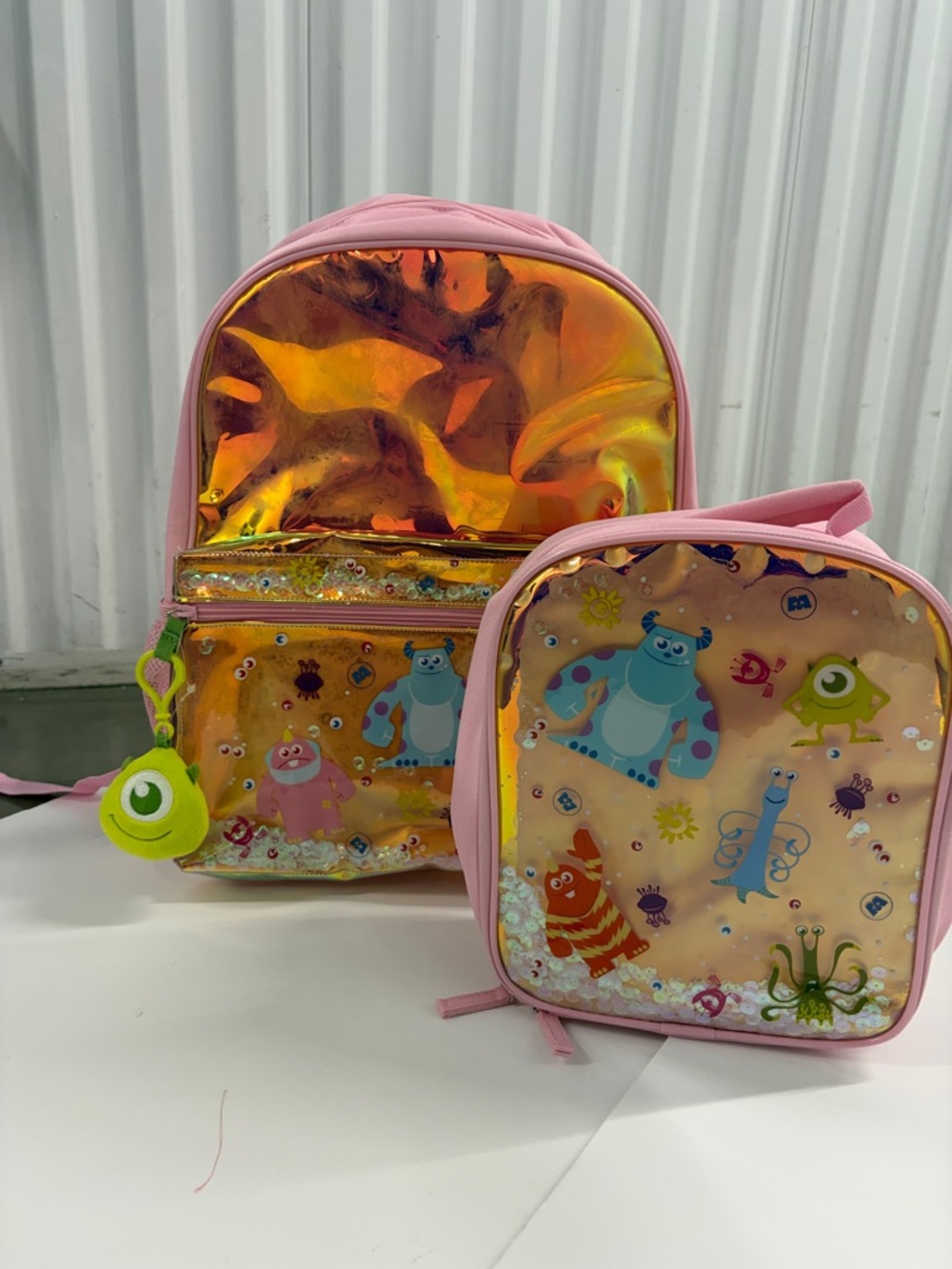 Kids Pink Holographic Monsters Inc  Backpack and Lunch Bag Set